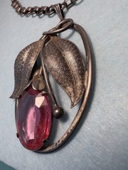 Vintage Art Nouveau Pink Glass 3.25” Pendant Bookchain Necklace 18” Chain