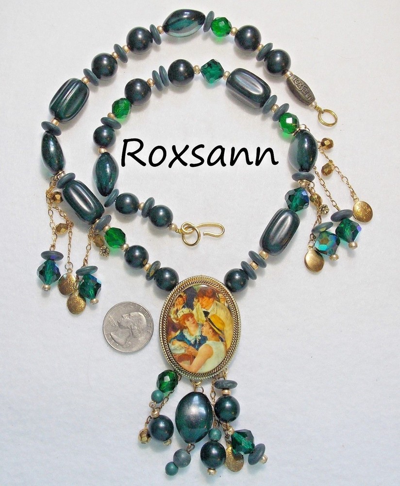 Lg Signed ROXSANN Green Bead Necklace RENOIR Boating Party w/5 Locket Dangles