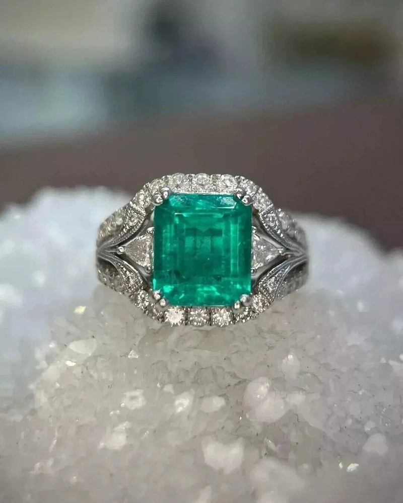 Art Deco Style Lab Created Emerald & Diamond Engagement 14K White Gold FN Ring