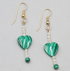 Vintage Faux Green Malachite Heart Pierced Earrings Gold tone Dangle 1.5 in