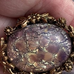 BLUE PURPLE IRRDESCENT SAPHIRET COLOR CABOCHON FOILED ART GLASS METAL PINCHBECK