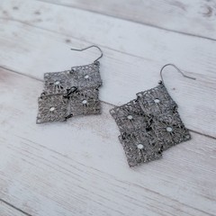 Vintage Dangle Earrings For Pierced Ears Dark Metal with Iridescent Gems