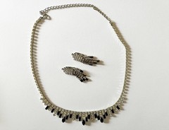 1950s Vintage Crystal & Jet Black Rhinestones Necklace & Dangling Clip Earrings