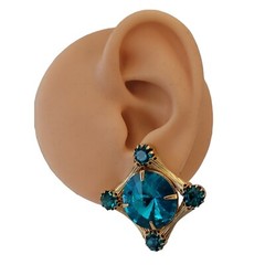 Gold Tone Teal Lucite Rivoli, Glass Rhinestone Square Clip On Earrings E836