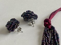 Vintage Multi-Strand Purple Peacock Seed Bead Choker Necklace Matching Earrings