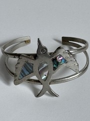 Mexico Alpaca Silver HUMMINGBIRD Cuff Bracelet Abalone