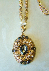 Vintage West Germany Filigree Smoky Gray Rhinestone Faux Pearl Necklace