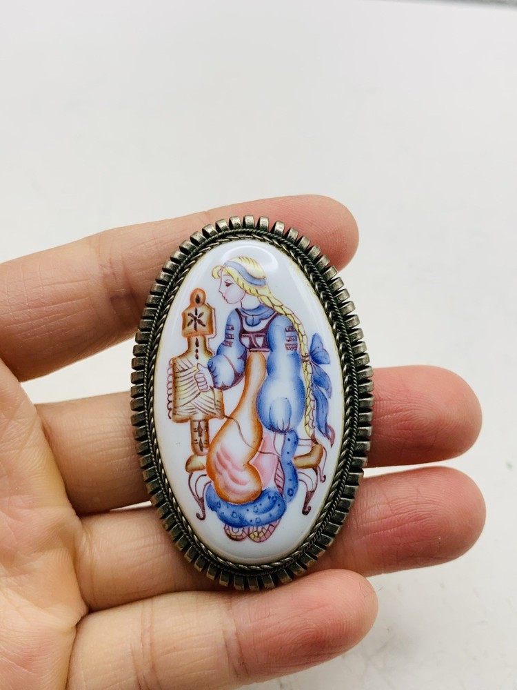 Vintage Silver Tone Russian Finift Hand Painted Porcelain The Snow Maiden Brooch