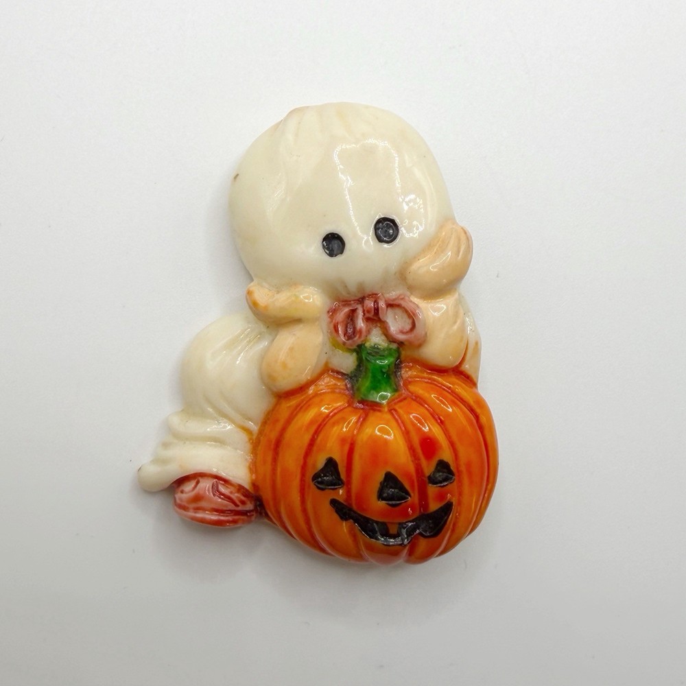 Enesco Halloween Brooch Pin Ghost Pumpkin Trick Or Treat Spooky White Orange