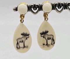 Moose Faux Scrimshaw Earrings Cream Drop Dangle Clip on Gold Tone 1.5 in
