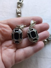 Vintage Onyx And Silver Tone Necklace And Earrings Set