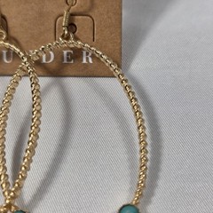 Plunder “Cara” Gold Tone Oval Hoop Earrings Twisted Wire Turquoise & Gold Beads