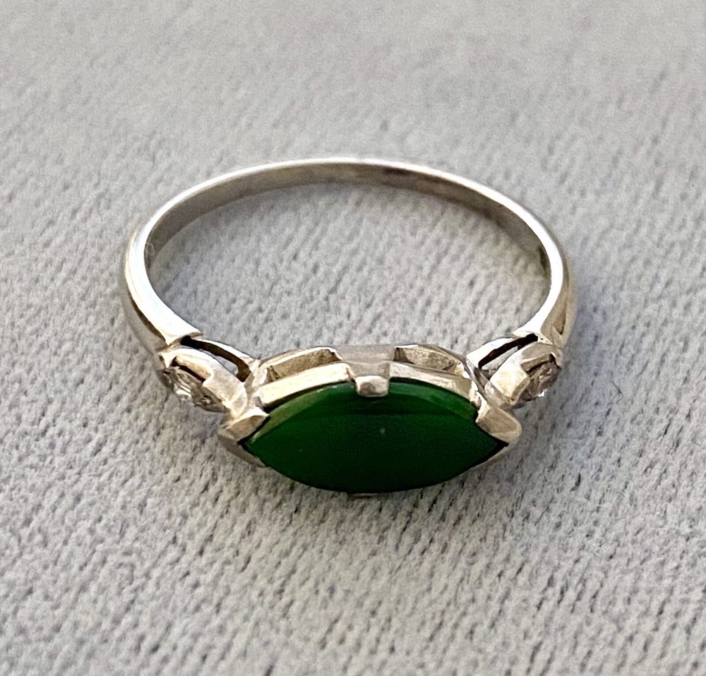 Art Deco JADE & DIAMOND RING, 14K White Gold – c1920, Green Jade Ring (5F141)