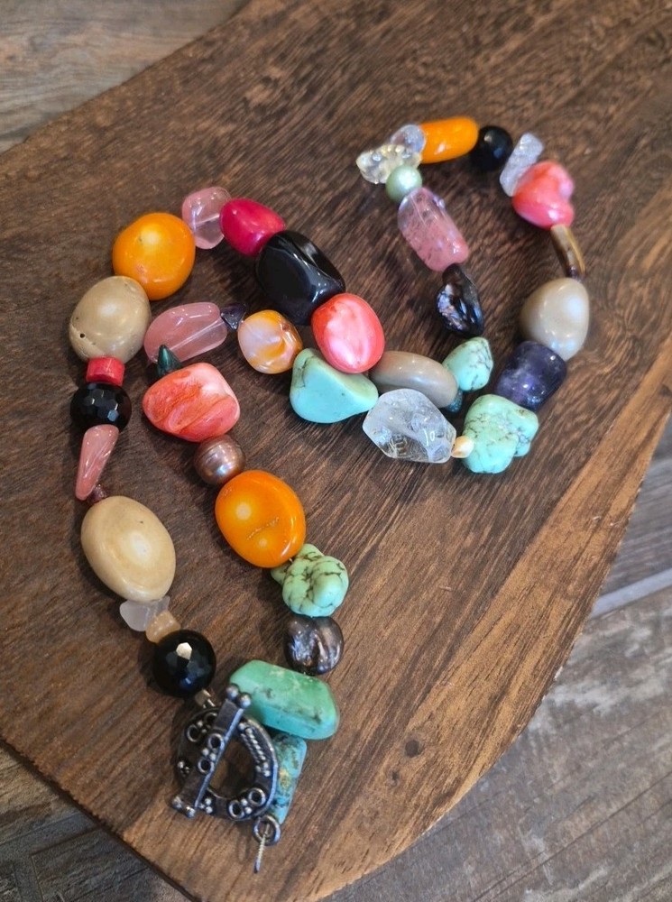 Vtg Natural & Man-made Colorful Stone Beaded Necklace, Non-magnetic Toggle