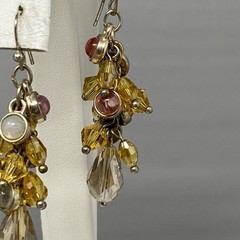 Glass Beaded Dangle Drop Earrings Pair (2) Purple Yellow Fringe Pierced