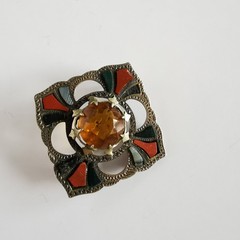 Vintage Scottish Agate Square Pin Brooch Celtic Orange Warm Tones Unsigned