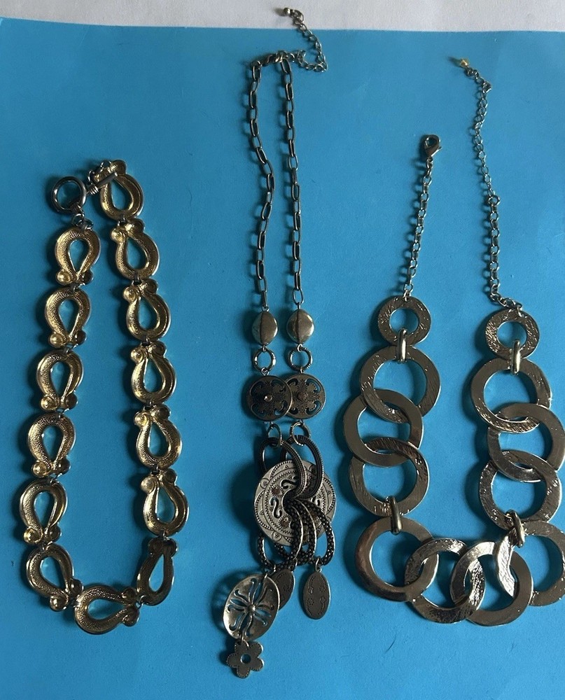Lot Of 3 Vintage Gold Tone Necklaces Costume Estate Jewelry (see description)