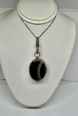 Victorian Double Sided Oval Banded Agate & Agate Locket Pendant Necklace 18”