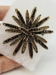 Vintage Autumn Mum Flower Pin Brooch Floral Gold Brown Crystals Fall Starburst