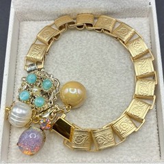 Vintage Faux Opal, Flower Panel, Japan Glass,onNew Victorian Book Chain Bracelet