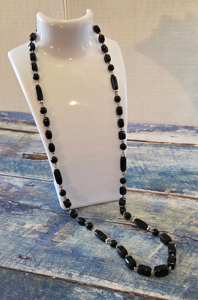 VINTAGE-RETRO Fabulous Unique Black Beaded Necklace 28 in