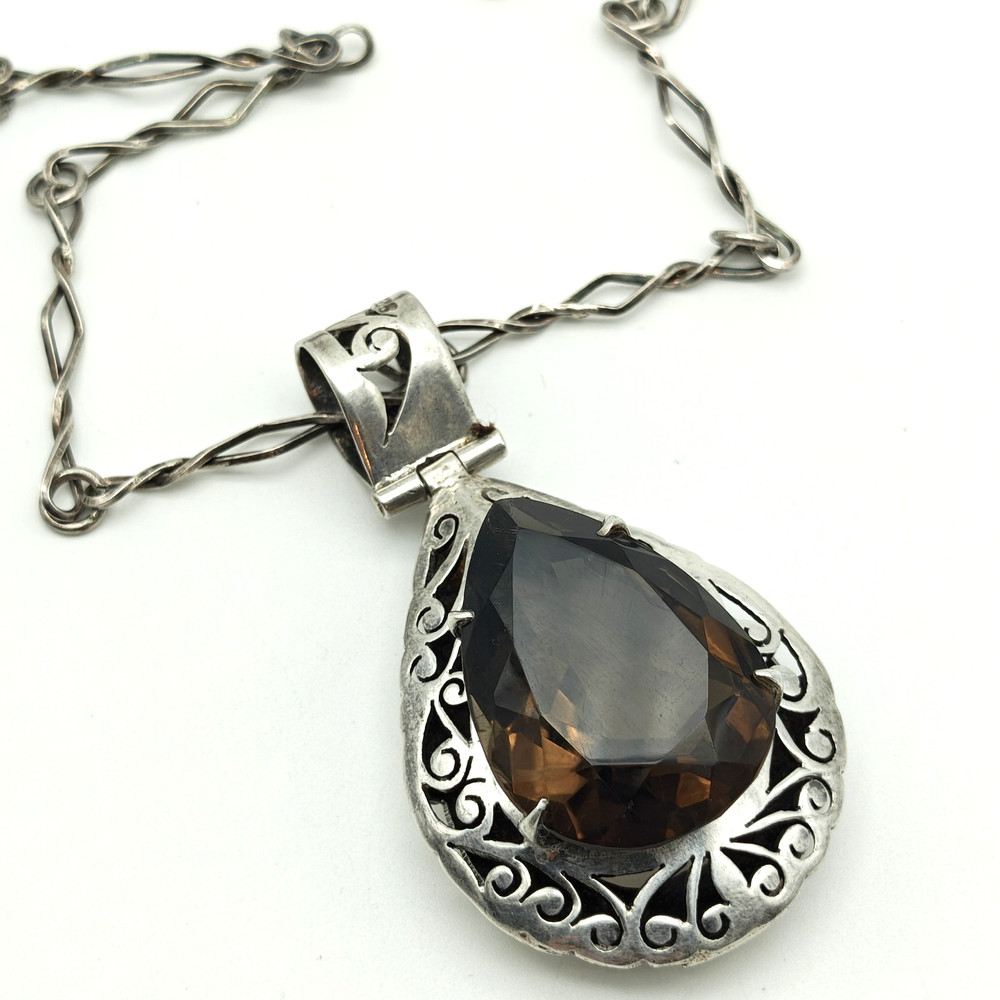 Vintage Sterling Silver 925 Smoky Quartz Large Pendant Necklace 24″