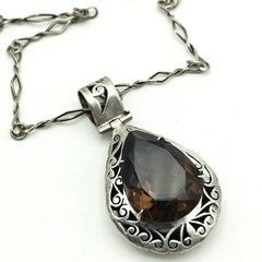 Vintage Sterling Silver 925 Smoky Quartz Large Pendant Necklace 24″