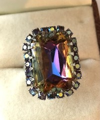 Vintage Aurora Borealis Rhinestone Adjustable Statement Ring Size 6-Plus