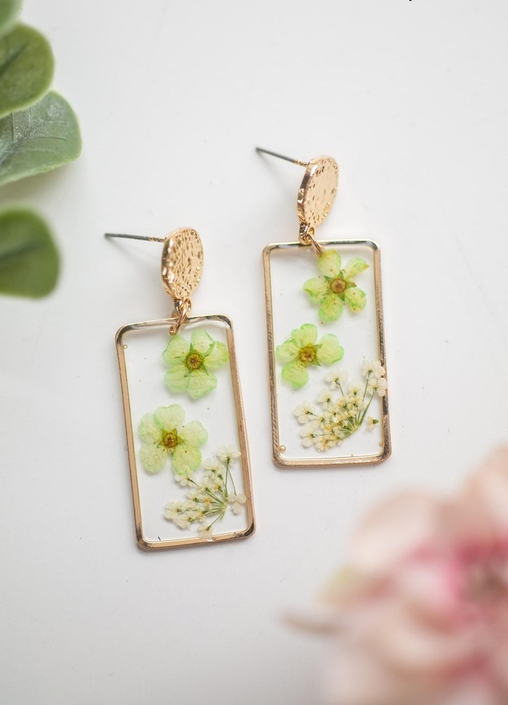 Green Pressed Floral Resin Earrings | Gold Rectangle Botanical Jewelry