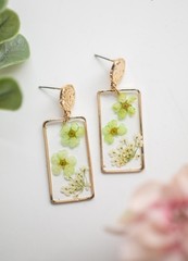 Green Pressed Floral Resin Earrings | Gold Rectangle Botanical Jewelry