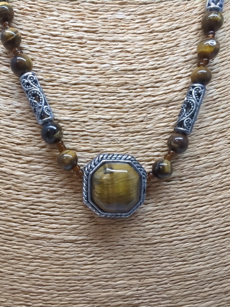Tigers Eye Pendant Necklace 18″ Silver Tone Octagon Brown Gemston & Bracelet Set