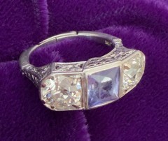 Wedding Band, Art Deco, Antique, Authenticated, 2 Large Diamonds, Tanzanite