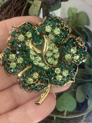 Weiss Green Rhinestone Flower Brooch Signed