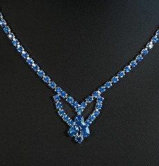 Vintage KARU Blue Rhinestone V Design Silver Tone Choker Necklace Signed 17”