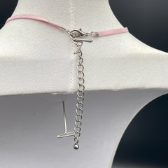 Vinatge Pink Ribbon Porcelain Heart Pendant Necklace Suede Cord Toggle
