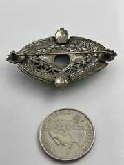 Art Deco Molded Faux Jade Green Czech Art Glass Filigree Silvertone Brooch