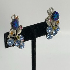 VTG Sky Blue Rhinestone & Aqua Rivoli Cluster Brooch Pin & Clip Earring Set MCM