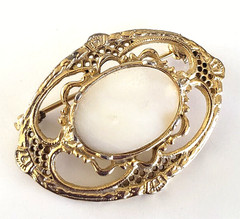 Vintage Victorian Revival Mother of Pearl Ornate Gold Tone Pin 1-9/16″