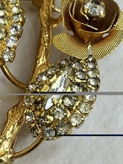 Vintage Flower Brooch with Rhinestone Leaves