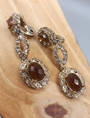 Vintage MONET Amber Topaz Rhinestone Drop Dangle Clip On Earrings 1950s