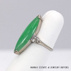 GIA Type A Green Jadeite Jade Diamond 14K White Gold Ring Size 5