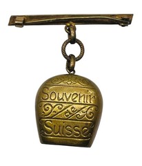 Vintage Souvenir Brass Cowbell C Clasp Brooch Switzerland