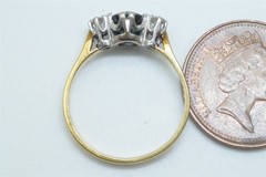 VINTAGE ENGLISH 18K GOLD NATURAL SAPPHIRE & DIAMOND 3 STONE TRILOGY RING c1980