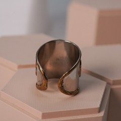 Brutalist Mixed Metal Ring Size 7 — Christian Copper and Brass Scrollwork Cross