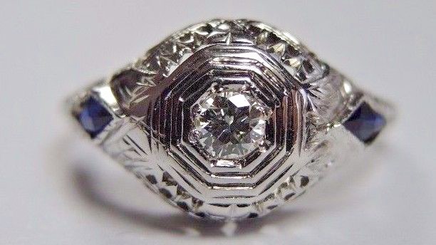 Antique Art Deco Engagement 19K White Gold Ring Size 5.75 UK-L EGL USA