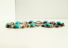 Vintage Turquoise Glass Cabochon Link Bracelet Silver Tone Settings 7.5”