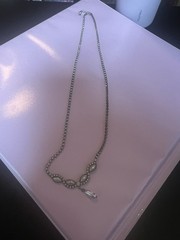 Vintage 1950s Rhinestone Bib Necklace with Marquise Faux Pearls & Pearl Drop