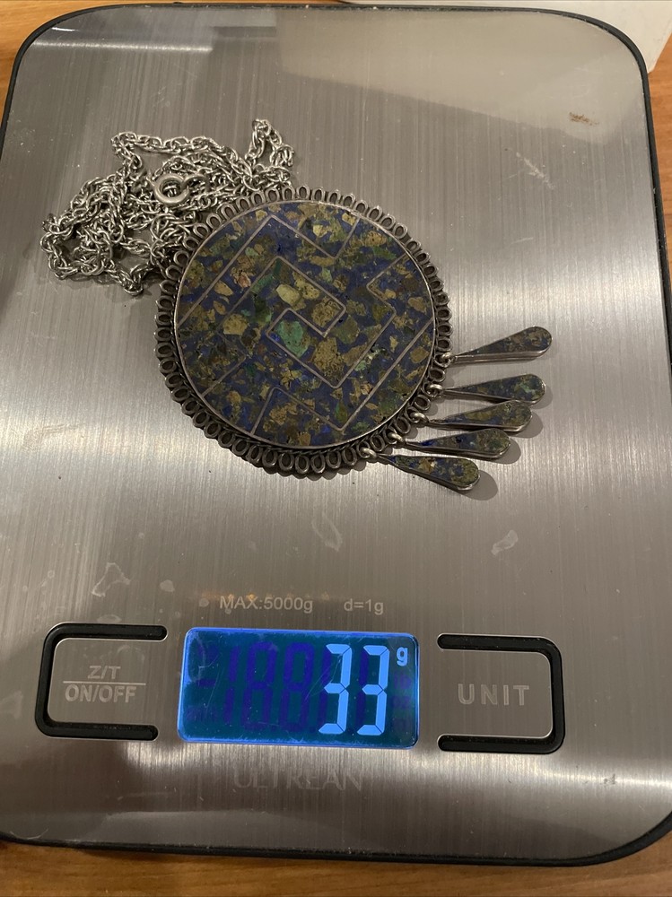 Vintage sterling silver Aztec brooch/pendant Necklace 33 grams Made In Mexico