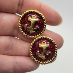 Vintage Signed Trifari Nautical Anchor Button Earrings Deep Red Enamel 1980s