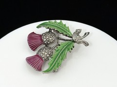 Vintage Scottish Thistle Pot Metal Enamel & Marcasite Flower Brooch Pin